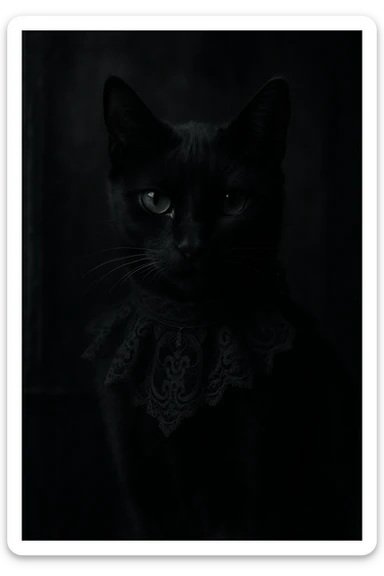 gothic cat with black fur, elegant, subtle lace collar, moody atmosphere sticker
