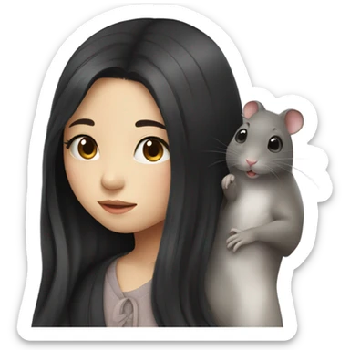 A korean girl with long black hair whispering to a rat sticker