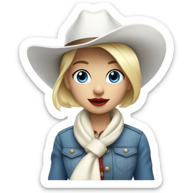 cowgirl with a white hat and white scarf and blonde short hair with red lipstick and blue eyes sticker