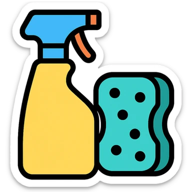colorful icon of cleaning supplies, including spray bottle and sponge sticker