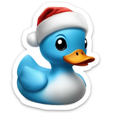 Baby blue rubber duck with black beak wearing a Santa hat sticker