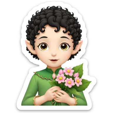 Tiny elf baby black curly hair with pointy ears, hold flowers sticker