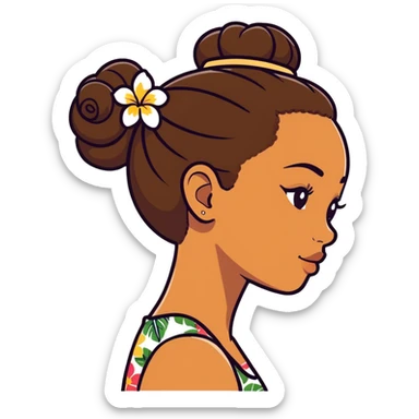 black girl side profile, brown hair in a bun, Hawaiian flower in hair sticker