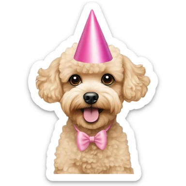 Blonde toypoodle maltipoo with pink birthdayhat sticker