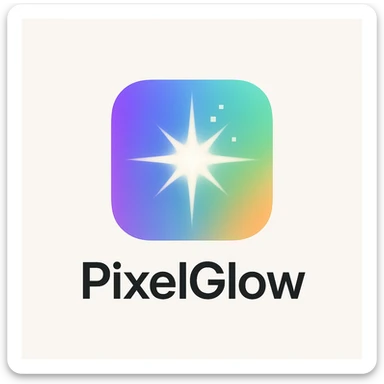 Sleek, magical logo for PixelGlow: rounded square, smooth multi-color gradient in purple, blue, cyan, green, and orange, central bold 8-point starburst or crystal flare, soft glow, subtle shadow, and tiny pixel details. Clean, futuristic, minimal, and creative. White or off-white background. sticker