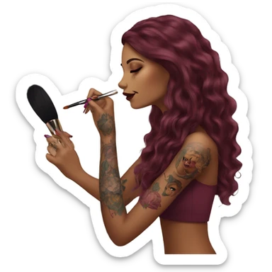 Beautiful tattooed burgundy long haired woman doing her makeup sticker