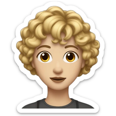 face of nonbinary white person with dark blonde wavy bob, mid part and bangs sticker