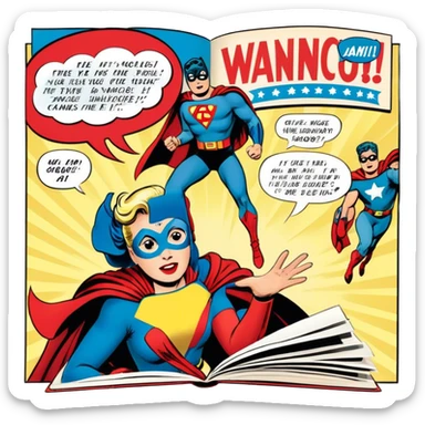 Icon for Vintage American Comics: an open comic magazine with classic 1940s-1950s American comic art, featuring superheroes in bold, bright colors, with action panels and exaggerated speech bubbles. The icon should represent the nostalgic style of vintage comics. Transparent background. sticker