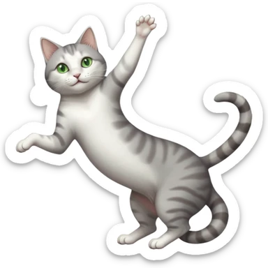 grey and white cat with green eyes doing a big extremely long stretch reaching up into the air with arms and legs side by side together straight and overextended whilst lying on its side sticker