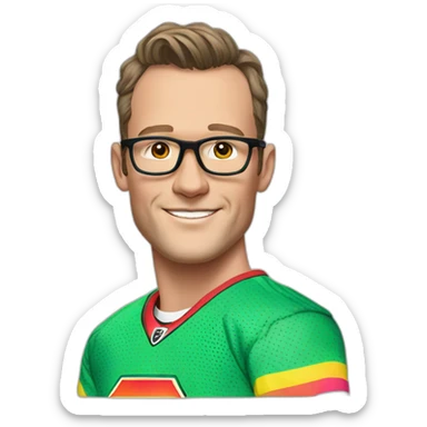 Jonathan Toews wearing glasses and rainbow clothes sticker