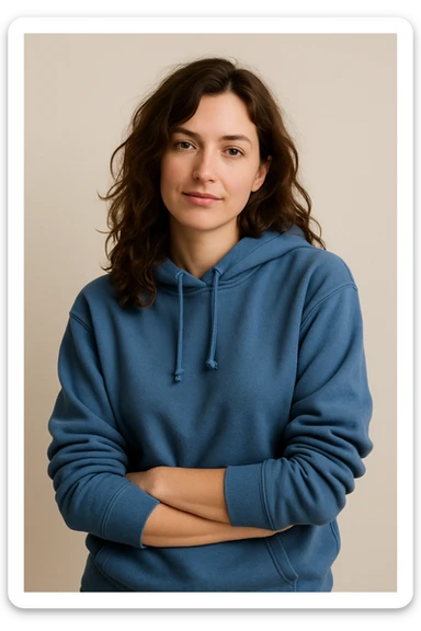 white woman, brown wavy hair, blue hoodie, casual pose, minimal background sticker
