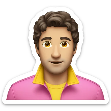 dark brown haired adult man wearing pink polo and yellow raincoat sticker