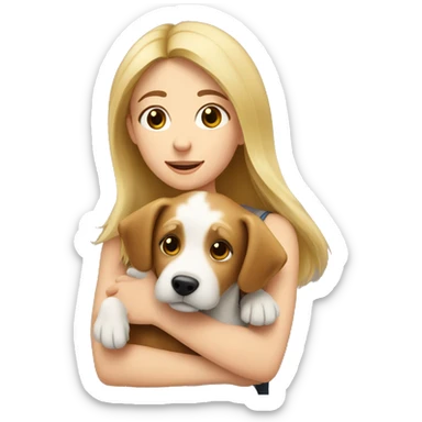 A blonde girl hugging a terrier dog with brown long hair  sticker