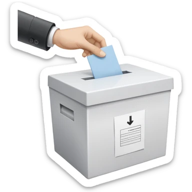 A neutral, generic symbolic image: A hand dropping a ballot paper into a simple, unmarked ballot box. The ballot shows three options only: ‘Ja, aber’, ‘Nein, aber’, and an empty field. n. sticker