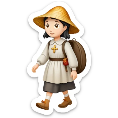 pilgrim woman walking with the Camino de Santiago shell behind her sticker