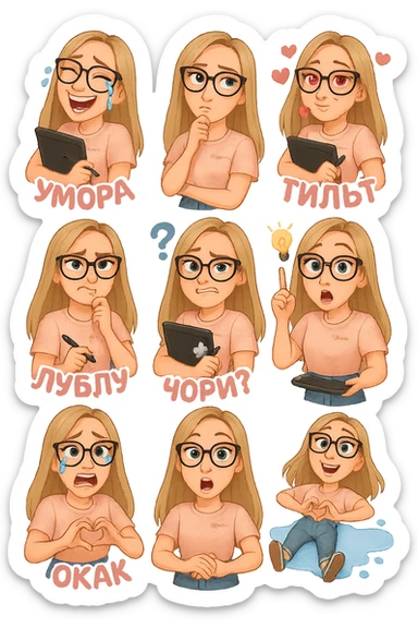 «Создай набор из 10 наклеек в стиле 3D cartoon  женского персонажа (30 лет выглядит моложе)  с прямыми светло русыми волосами ниже лопаток, светлой кожей, большими выразительными голубыми глазами, черные очки для зрения формы кошачий глаз, нос чуть с горбинкой.
Персонаж должен носить пастельную розово-бежевую тай дай футболку с вышивкой @ByUnicorn, голубые джинсы фасона мом, персонаж должен иметь разные выражения: смех до слез и подпись внизу пастельно-розовым текстом УМОРА, задумчивость, влюбленность (с сердцами вокруг головы) и надпись пастельно розовая ЛУБЛУ, злость с паром из носа и подписью внизу пастельно розовым текстом ТИЛЬТ, растерянность (со знаком вопроса) и подпись пастельно-розовым текстом ЧОРИЛ?, наличие идеи (с зажженной лампочкой), плач со слезами из глаз, удивление с открытым ртом и подписью пастельно розовым текстом ОКАК, создание сердца руками, лежит на спине раскинула руки и ноги в стороны в луже слез. Размер картинки не ограниченный, чтобы все наклейки вместились без обрезки. Стиль мультяшный  DreamWorks, мягкий свет, прозрачный фон, и добавь персонажу в руки графический планшет следи чтобы выглядело органично, красиво, не нарушая законы природы и физики, можешь добавить в другую руку перо от графического планшета, если это будет позволять смысл стикера» sticker