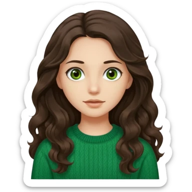 Una chica güera con pelo ondulado café oscuro largo ojos cafés oscuros y con un suéter o camisa veerde. El pelo hazlo un poco más largo, con los ojos cafés oscuros  sticker