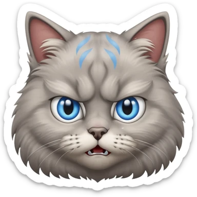 angry grey cat blue small slanted eyes. iphone real emoji style, made the cat look challenging sticker