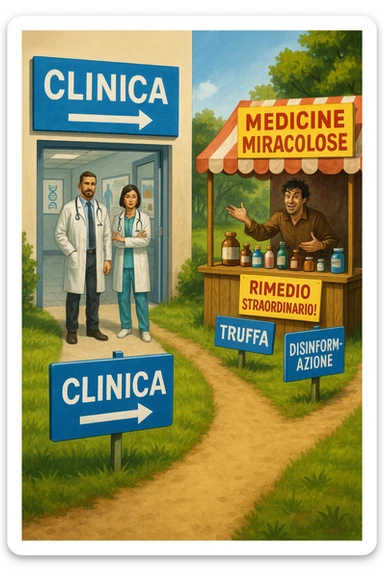 two paths diverge—one leads to a trustworthy clinic with doctors and scientific posters, the other to a shady stand selling “miracle” medicines with exaggerated claims. Signs along the second path warn of scams and misinformation. The scene encourages viewers to choose reliable, science-based healthcare. in italiano sticker