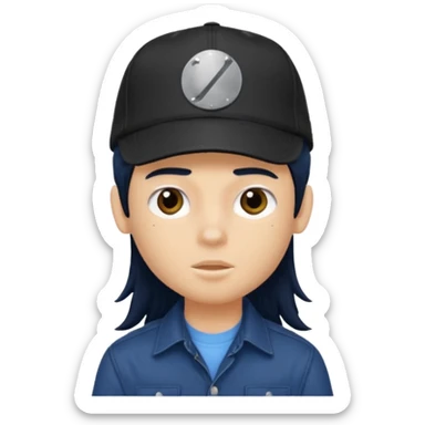 generate a pretty bratz boy wearing a dark blue button up shirt, long black mullet hair. 

Dark blue cap on head sticker