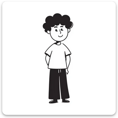 Teenage boy with messy curly hair, casual t-shirt, slight smile sticker