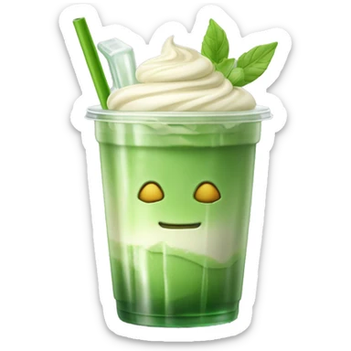 Fresh looking iced Matcha Latte with a Glass Straw and in a glass cup which looks like a plastic cup sticker