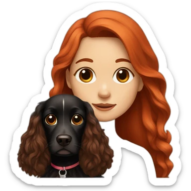 girl in long red hair sits with black and brown  spaniel sticker