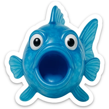 retro, hyper-realistic clear blue plastic fish toy, mouth wide open, derpy and silly expression, facing forward, transparent bright blue body with soft cloudy plastic texture, soft reflections, squishy appealing look, highly detailed, 90's toy style, no background sticker