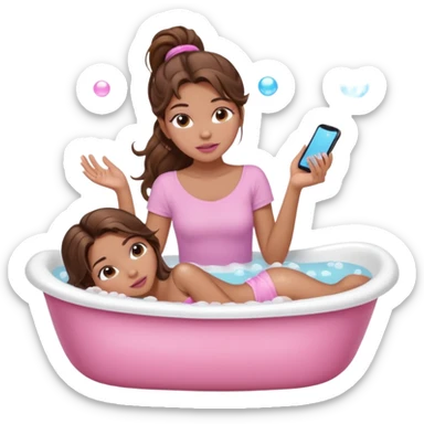 girl with wavy long ponytail brown hair, brown eyes, light to medium complexion, long lashes, light pink lipstick, wearing light pink shirt, lying full body in a bathtub with bubbles sticker