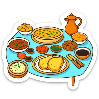Steaming hot beshbarmak on a traditional dastarkhan, Kazakh feast table sticker
