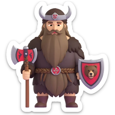 Russian pagan warrior with bear fur, battle axe, Slavic sun symbol amulet, long braided beard sticker