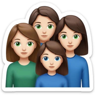 Three people total: Two girls brunette one with straight long hair and blue eyes one with curled hair middle length and green eyes and the other a boy lighter brown with blue eyes  sticker