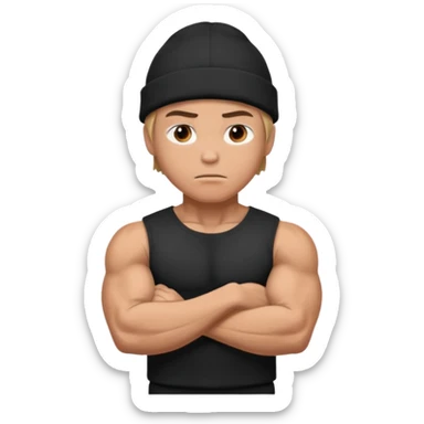 Muscular hero in black beanie, serious expression, folded arms.



































 sticker