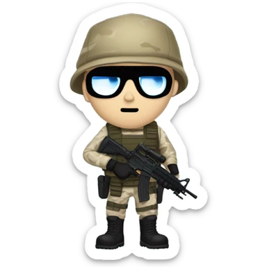 White male, call of duty black mask, camo tactical gear, tan combat boots, black beanie, blue eyes sticker