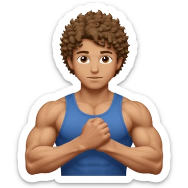muscular teen boy with veiny hands arms and biceps. has messy curly hair with tan skintone sticker