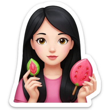 A girl with long black hair holding a piece of guava hard candy sticker