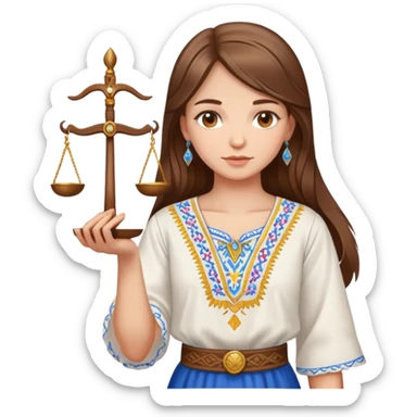 Ukrainian girl with brown hair wearing a traditional embroidered vyshyvanka shirt, holding scales of justice in her hand sticker