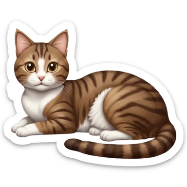 dark brown tabby and white cat with doing a big extremely long stretch reaching up into the air with arms and legs side by side together straight and overextended whilst lying on its side sticker