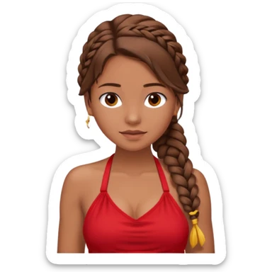 A tanned girl's face loose side braid brown hair with red halter top sticker