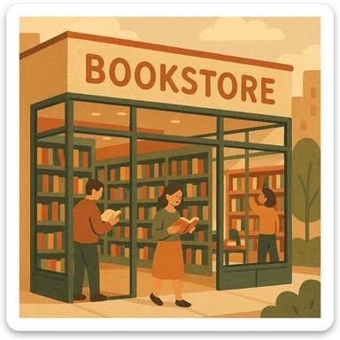 modern bookstore with glass facade, open layout, sleek shelves, urban setting, natural light sticker