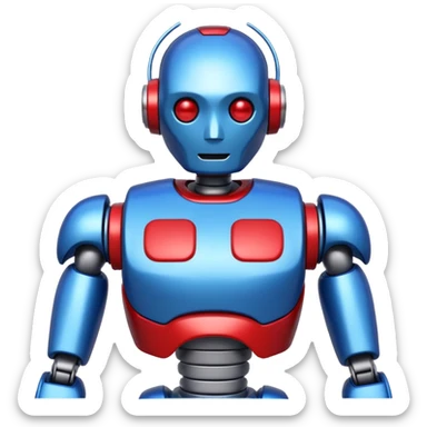 generate robot glossy, realstic, red and blue color, add text on chest "LMX" sticker
