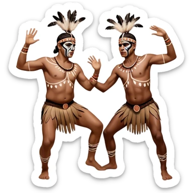 Cinematic Realistic scene of two indigenous male aboriginals performing an Aboriginal Corroboree, adorned in traditional body paint, captured in fluid motion with earthy tones and vibrant, cultural lighting sticker