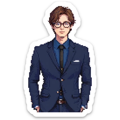 Flat pixel art, focused and reserved male architect, short sleek brown hair, wearing glasses, intense sharp eyes, wearing a deep indigo suit jacket over a black shirt, holding a blue print, waist-up, front-facing sticker