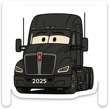2025 Kenworth T680, black, front view, stylized cartoon sticker