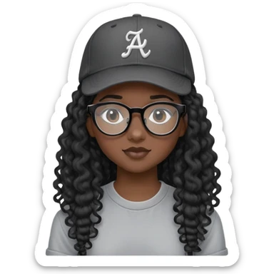 Nữ 15 tuổi, da đen, đeo kính gọng màu đen, tóc dài( màu đen, xoăn), mũ lưỡi trai quay ngược, áo màu ghi sticker