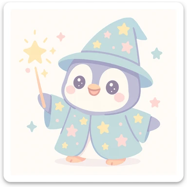 a cute penguin wizard casting a sparkling spell, wearing a starry robe and hat sticker