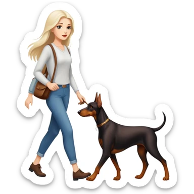 A beautiful white woman with long hair walks a Doberman sticker