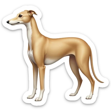 cinematic-[fawn greyhound]-realistic-full-body-standing-emoji,-tail-resting-loosely-beside-its-paws,-head-tilted-dramatically, -sleek-[light fawn]-fur,-simplified-yet-realistic-focused-features,-highly-detailed,-glowing-with-an-almost-sarcastic-glow sticker