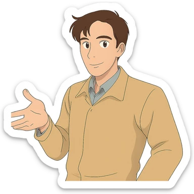 Make the man a little bit skinnier in Ghibli style, with no background. sticker