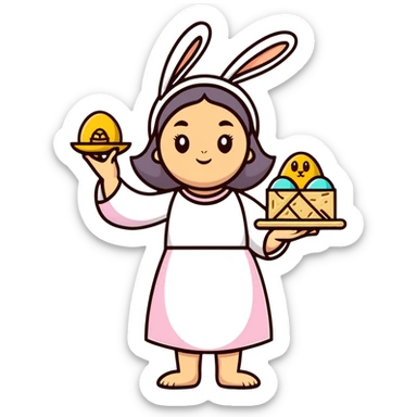 Feminine spring goddess Eostre with halo, Easter bunny, and Passover matzo symbols combined in one harmonious design sticker